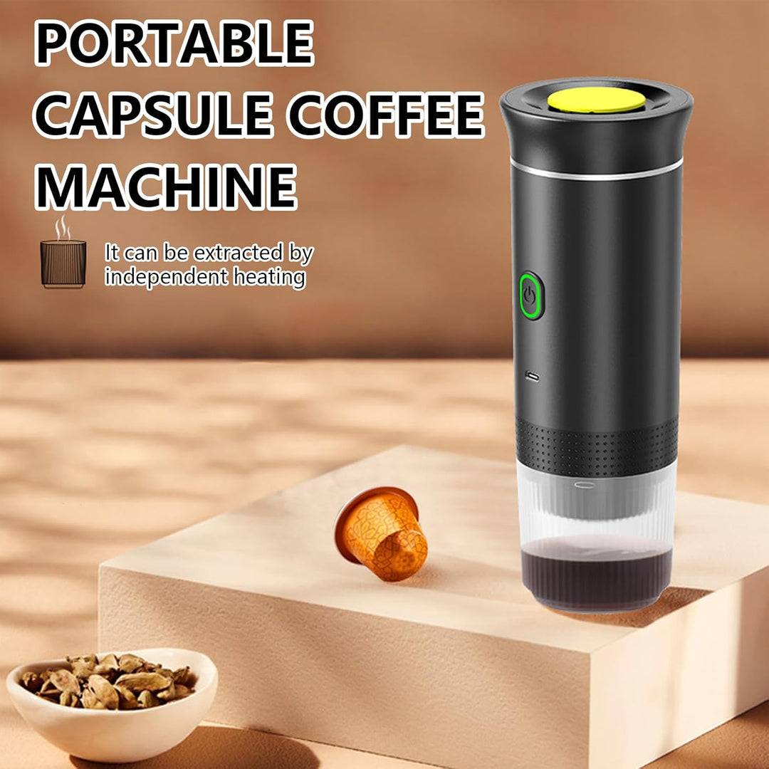 Rechargeable portable espresso maker for camping & travel; brews ground coffee & capsules.