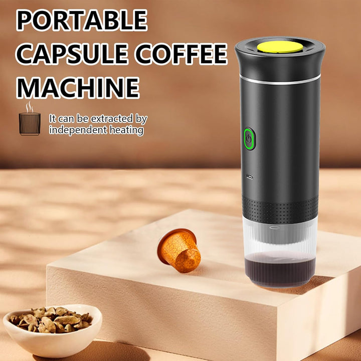 Rechargeable portable espresso maker for camping & travel; brews ground coffee & capsules.