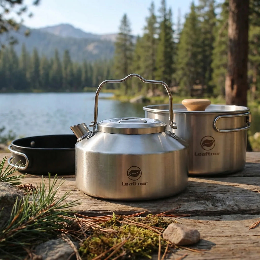 Portable 3-piece outdoor camping cookware set for hiking & backpacking. Includes pots & pan, ideal for camp kitchen.