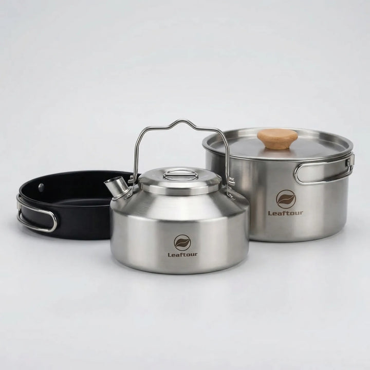 Lightweight, nonstick 3-piece camping cookware set, perfect for outdoor cooking & adventure. Durable and compact.