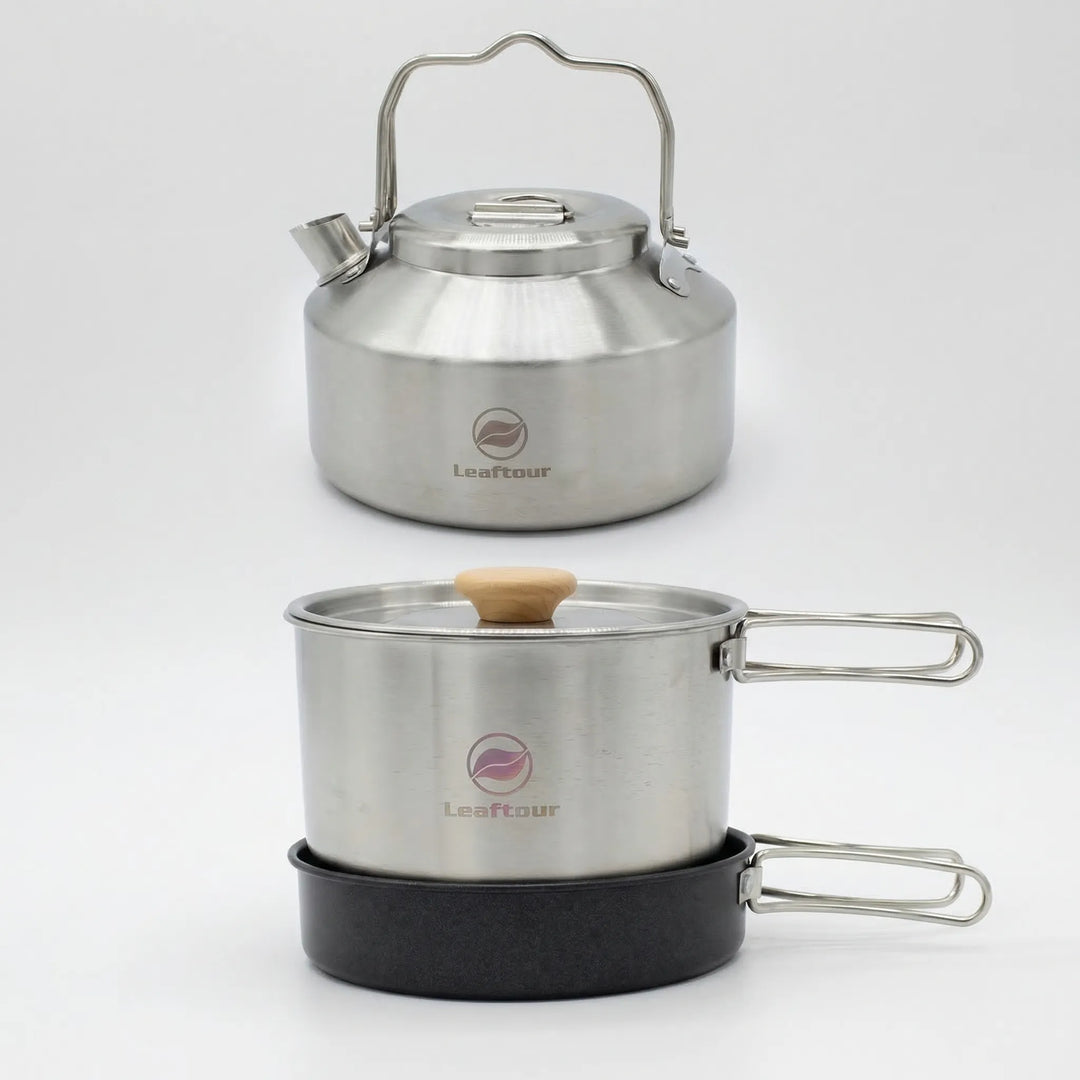 Complete 3-piece outdoor cooking cookware set with pots & pan. Ideal portable camp kitchen gear for travel & adventure.