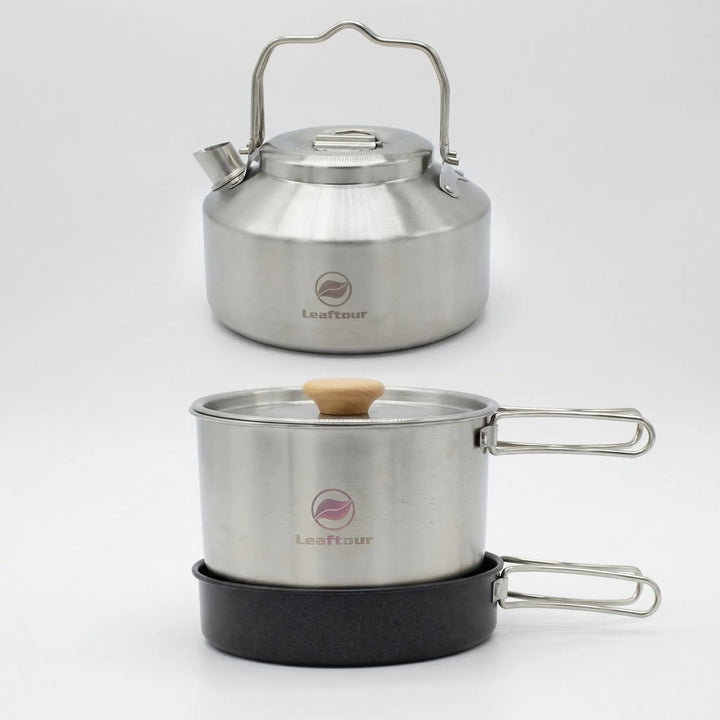 Complete 3-piece outdoor cooking cookware set with pots & pan. Ideal portable camp kitchen gear for travel & adventure.