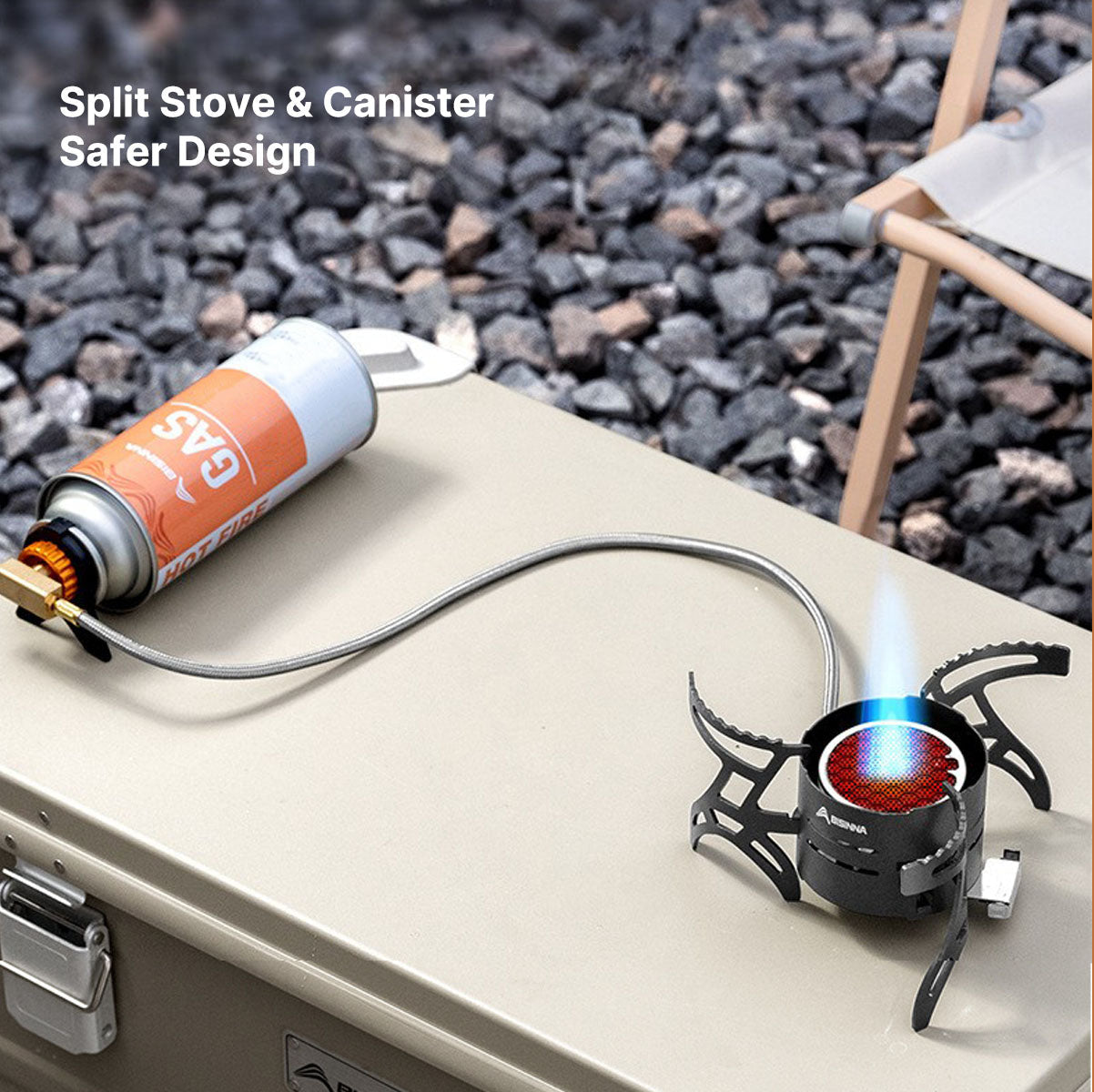 Compact 3600W portable gas stove with adjustable flame control, perfect for backpacking and camping.