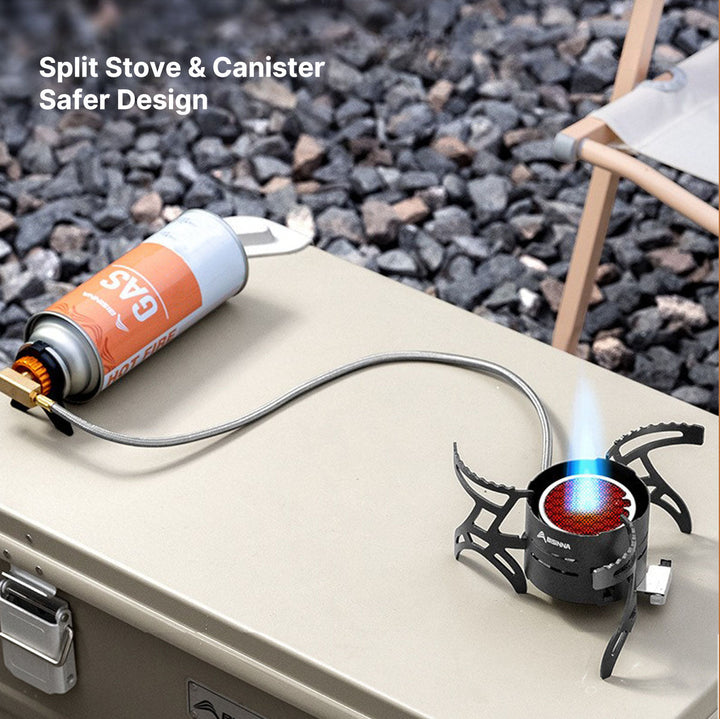 Compact 3600W portable gas stove with adjustable flame control, perfect for backpacking and camping.
