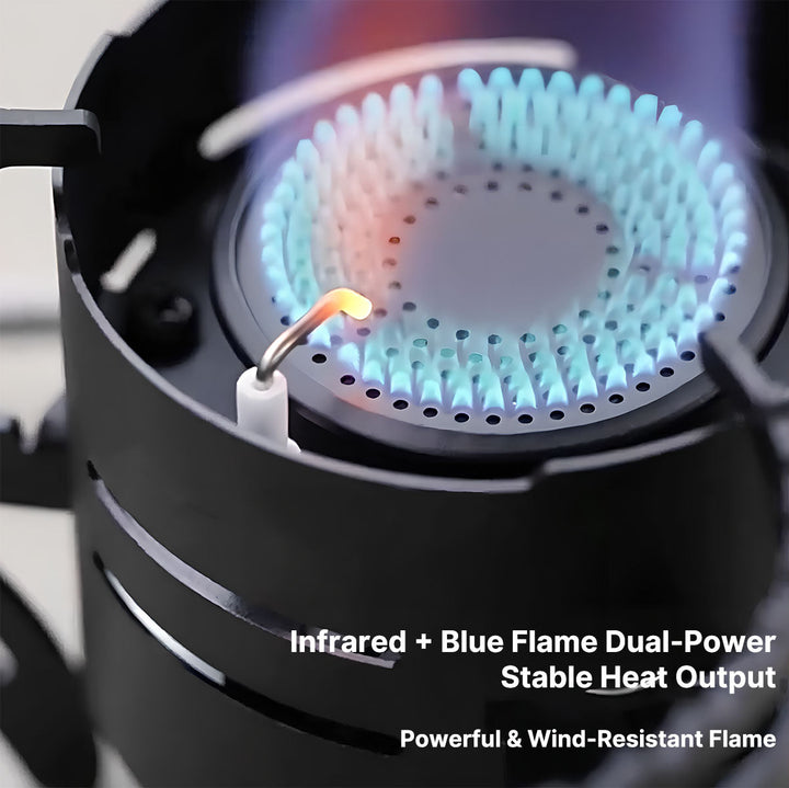 Backpacking stove next to a tent, emphasizing its lightweight and essential role in camping gear.