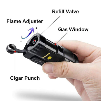Product shot of a 4-jet torch lighter, showcasing its compact size for outdoor gear kits
