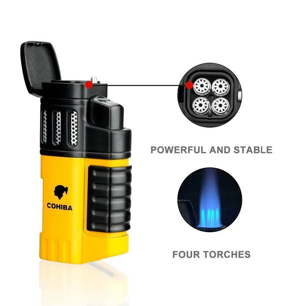 Hand holding a metallic 4-jet torch lighter, windproof design for camping and BBQ