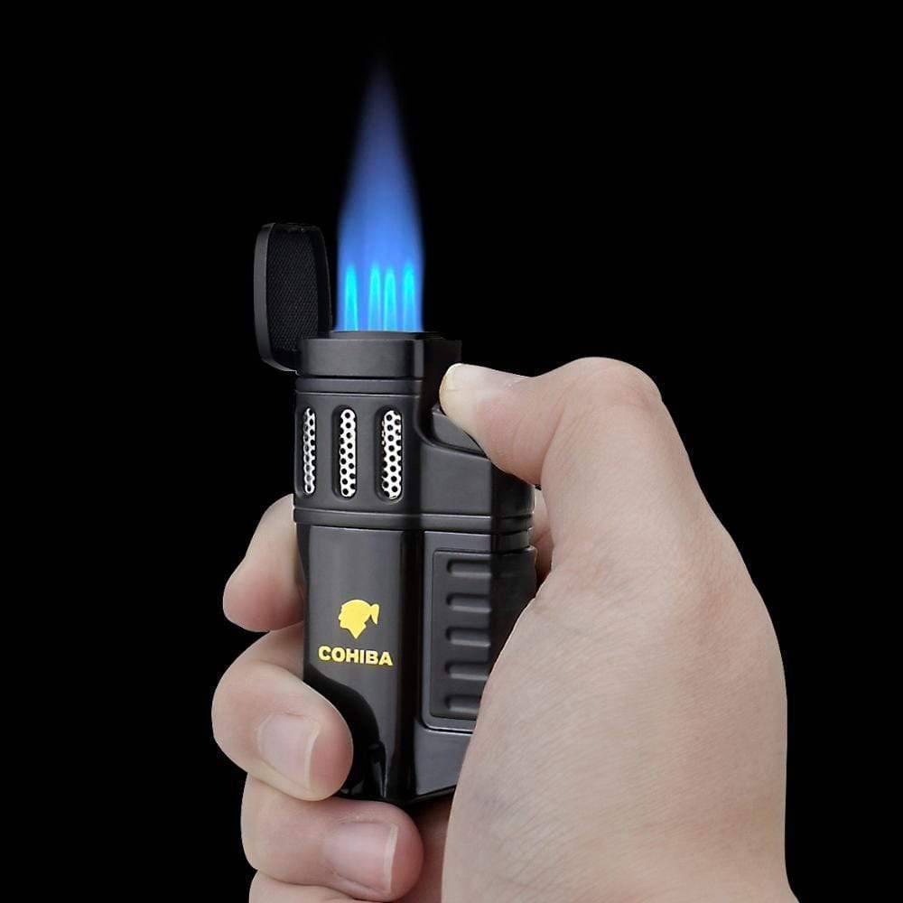 High-power 4-jet torch lighter, demonstrating a robust flame for fast cigar lighting outdoors
