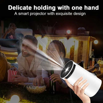 Smart Android 4K LED projector, ideal for portable home entertainment & outdoor movie fun.