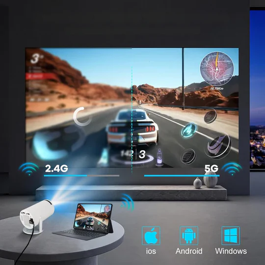 Compact HD 4K smart projector, perfect for portable home entertainment, outdoor cinema, gaming, and presentations.