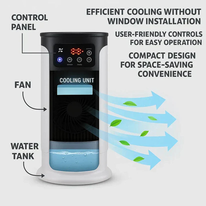 Compact portable AC for dormitories; quiet operation, provides personal cooling comfort without a window.
