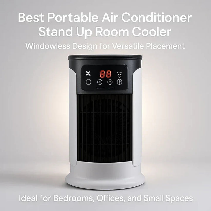 Energy efficient stand-up room cooler; windowless design ideal for any small space, easy to move & set up.