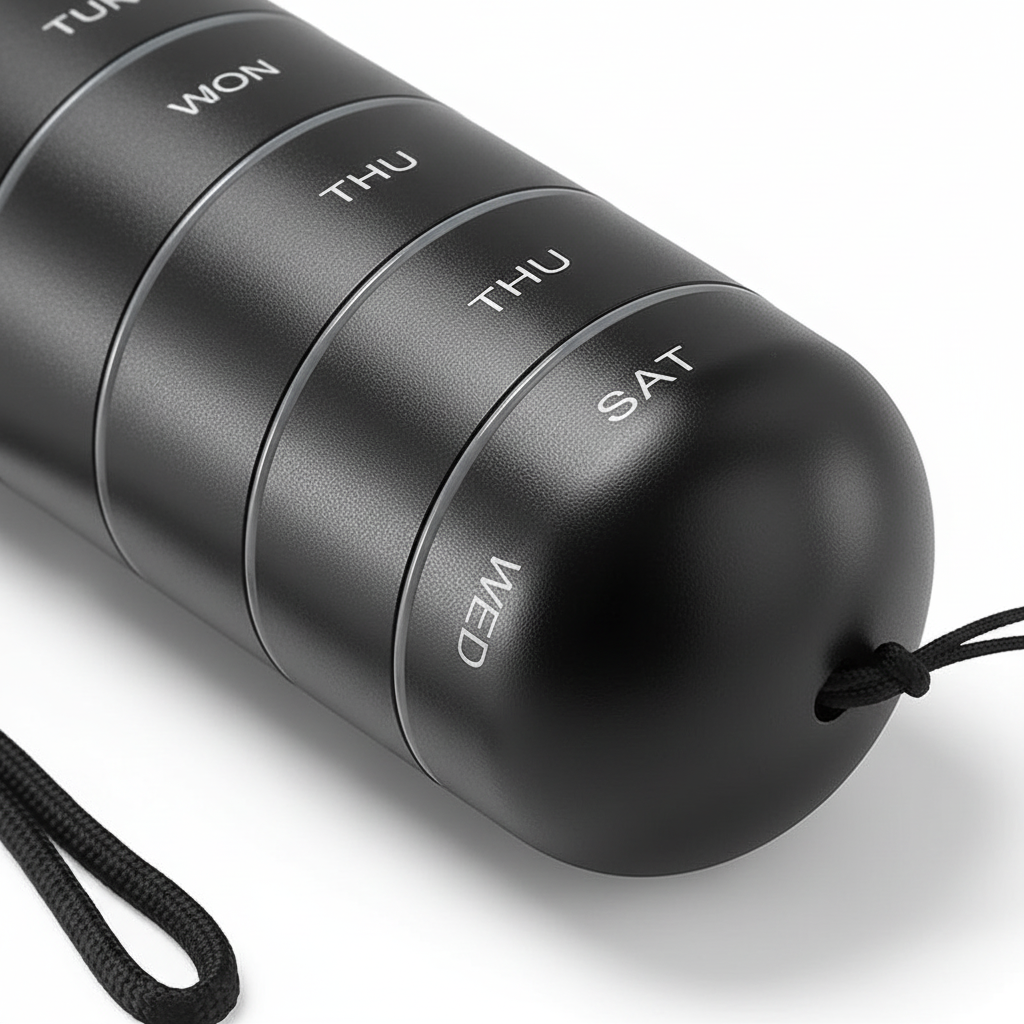 Waterproof aluminum travel pillbox for vitamins & daily medications. Portable design.