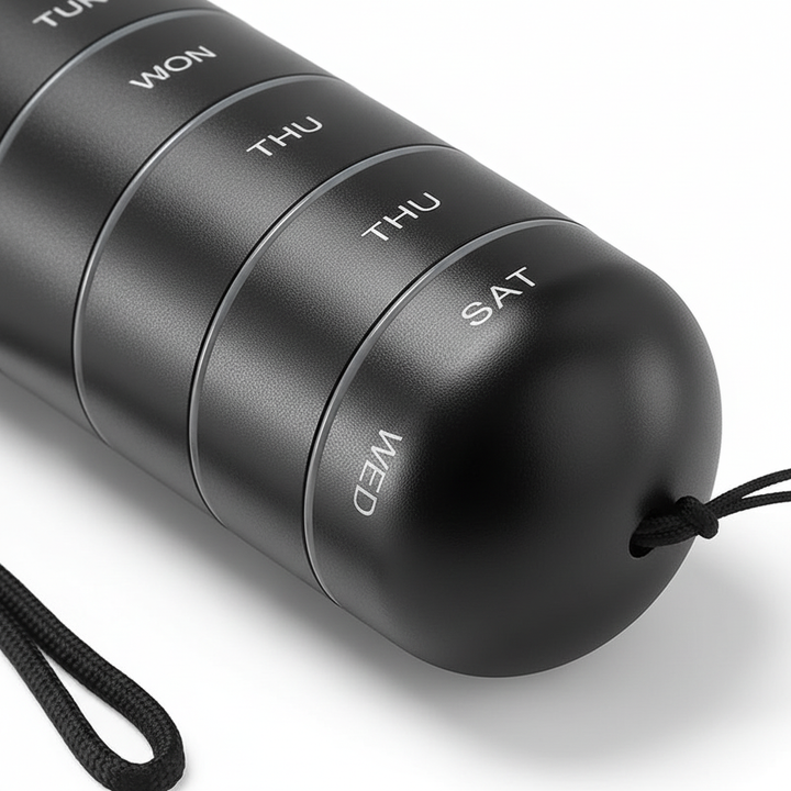 Waterproof aluminum travel pillbox for vitamins & daily medications. Portable design.
