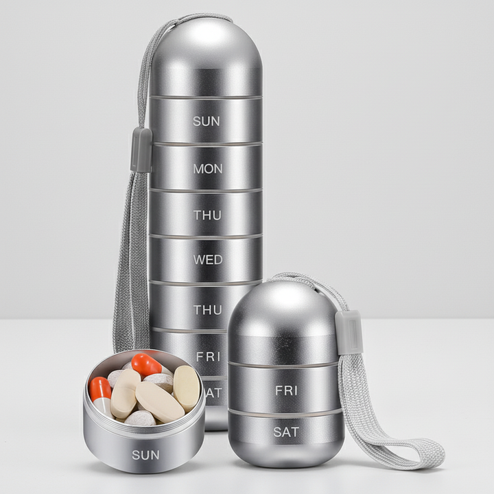 Sleek aluminum pill organizer, perfect for daily meds & supplements. Portable & durable.