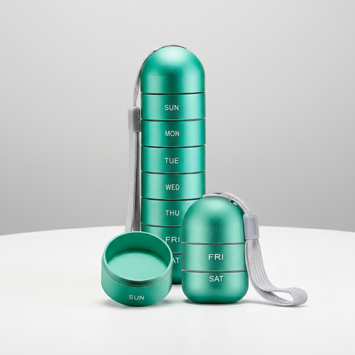Modern aluminum vitamin holder. Portable & waterproof daily pillbox for your health.