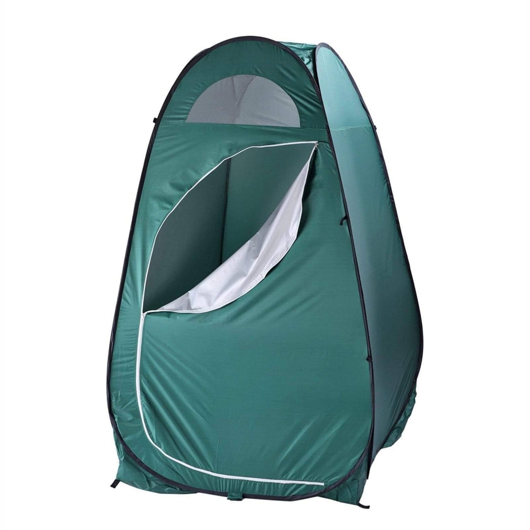 Portable army green privacy tent for outdoor showering, changing, or as a toilet shelter during camping trips.