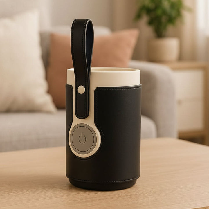 Portable baby bottle warmer for travel. USB charged infant feeding essential, keeps milk warm on the go.
