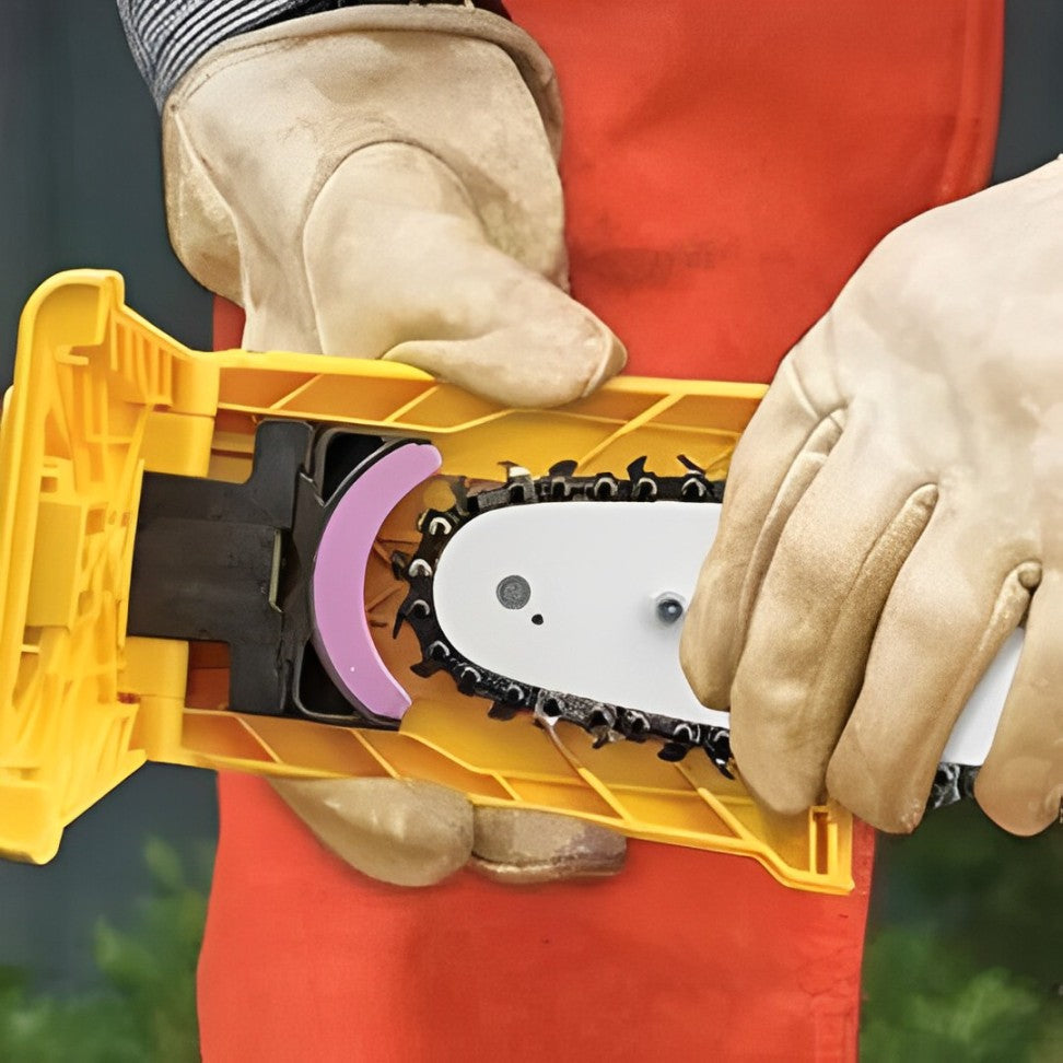 Portable black chainsaw sharpener for quick & easy blade renewal, essential woodcutting maintenance tool.