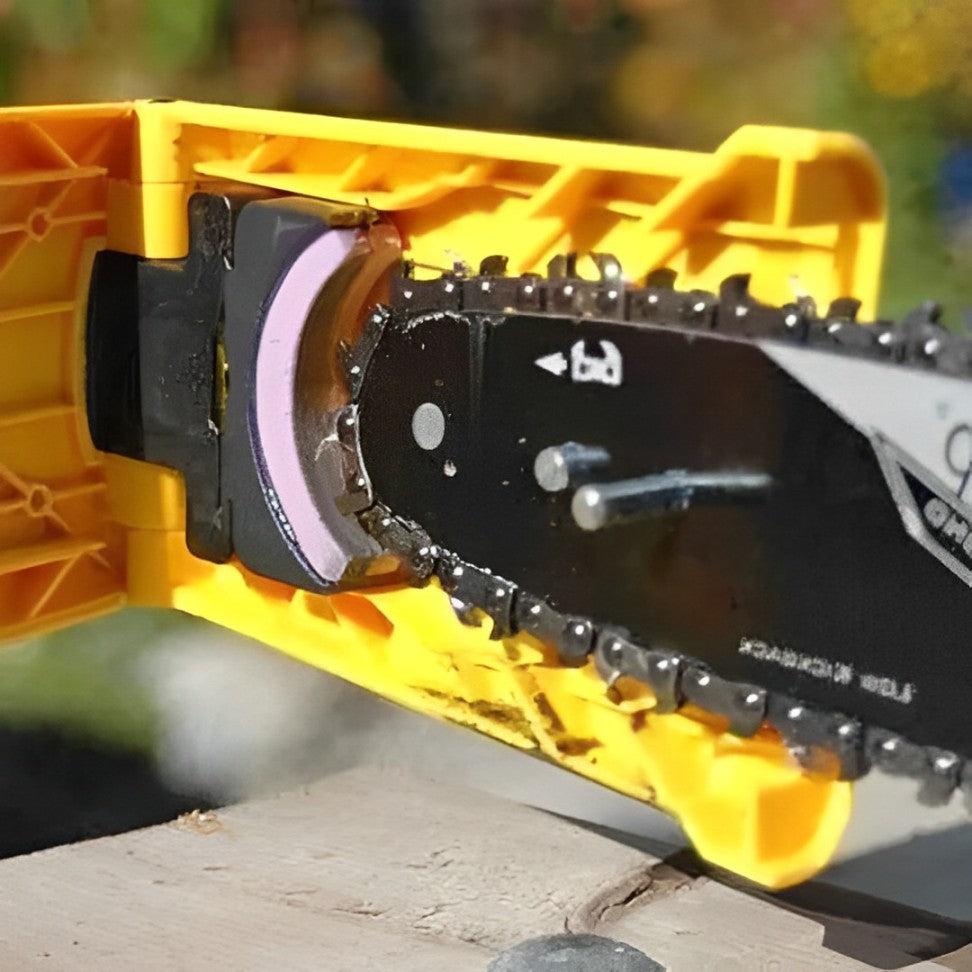 Black portable chainsaw sharpener, an essential outdoor tool for quick and easy blade maintenance.