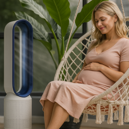 Portable bladeless fan with air purification for home & office. Quiet, safe cooling with remote control.