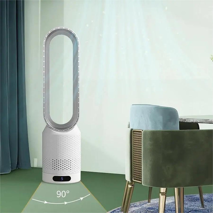 Compact portable bladeless fan for desk or home. Delivers quiet cooling & purified air to your personal space.