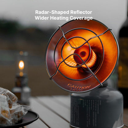 Close-up of a portable butane camping heater, highlighting its rugged design for outdoor warmth.