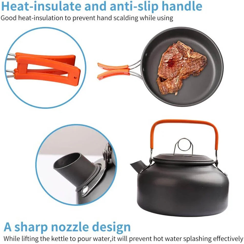 Lightweight non-stick backpacking cookware kit with foldable handles for hiking