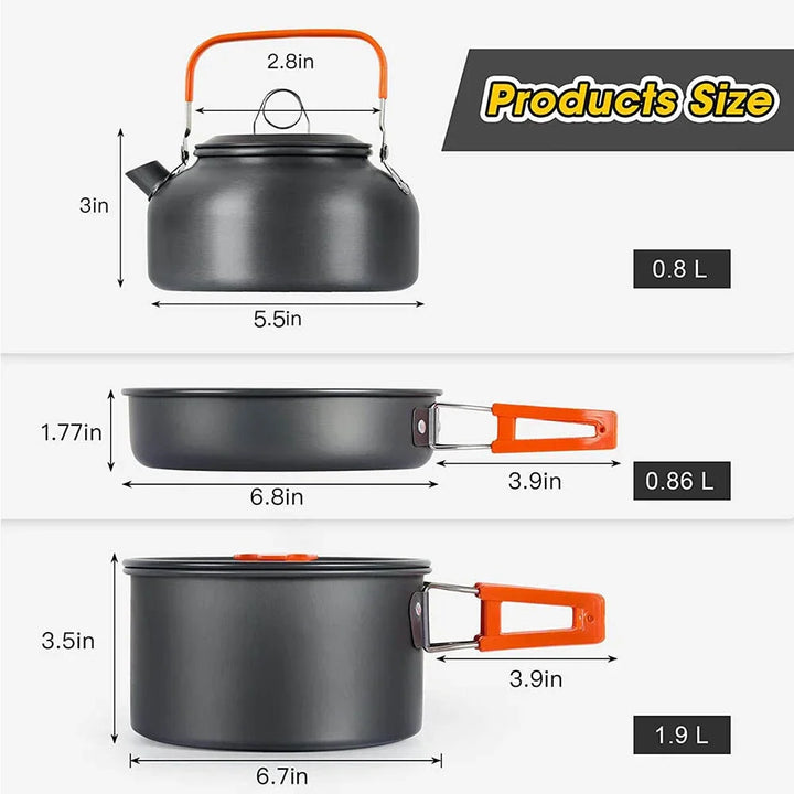 Compact portable cookware for camping, including pot, pan, and lid on a white background