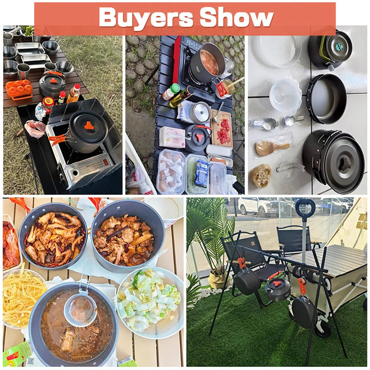 Complete camping cookware kit, neatly packed for easy transport and outdoor meals