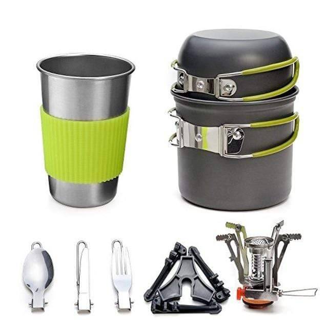 Versatile camping kitchen set including a mini stove, perfect for cooking meals outdoors.
