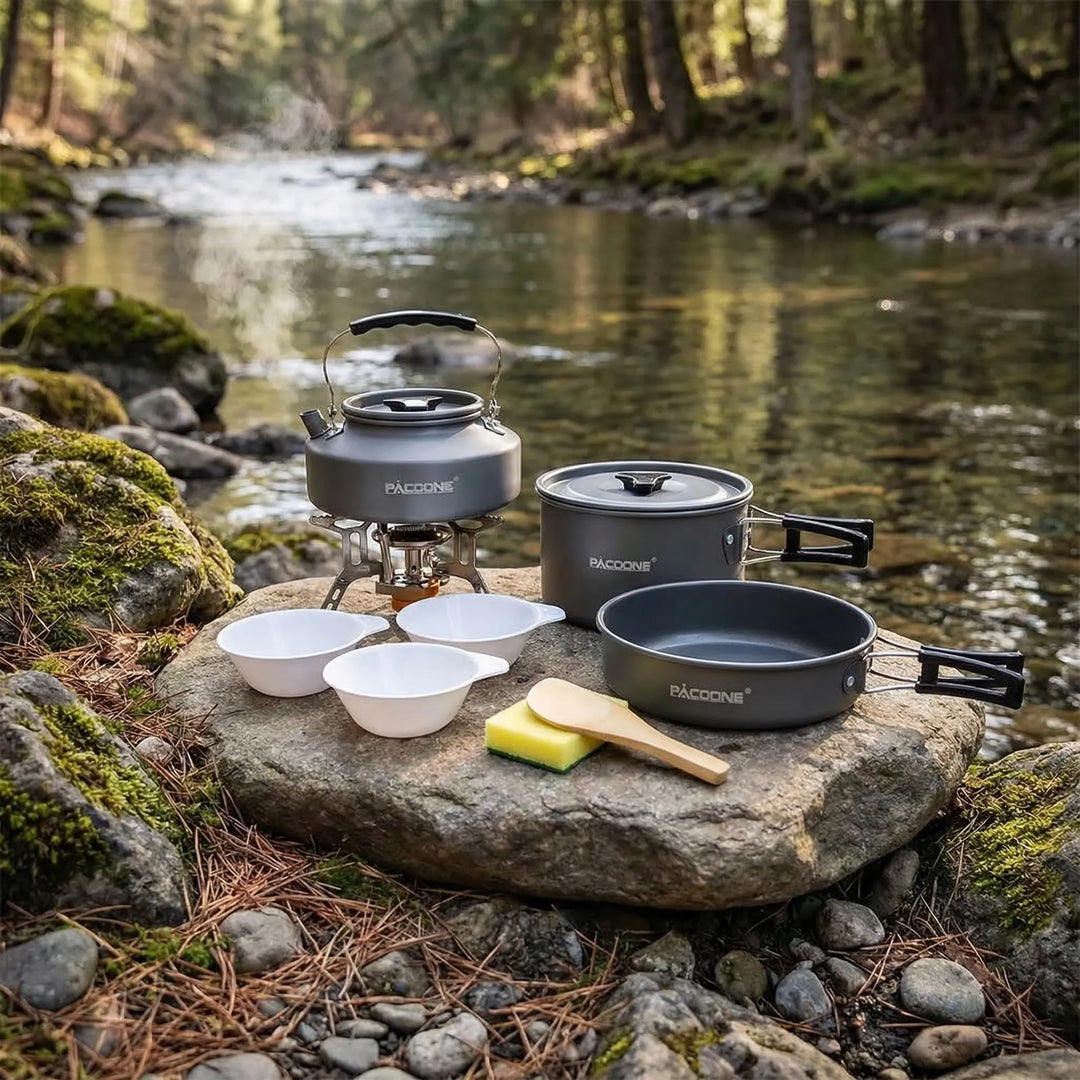 Portable camping cookware set with pots, pan, and utensils for outdoor cooking and hiking.