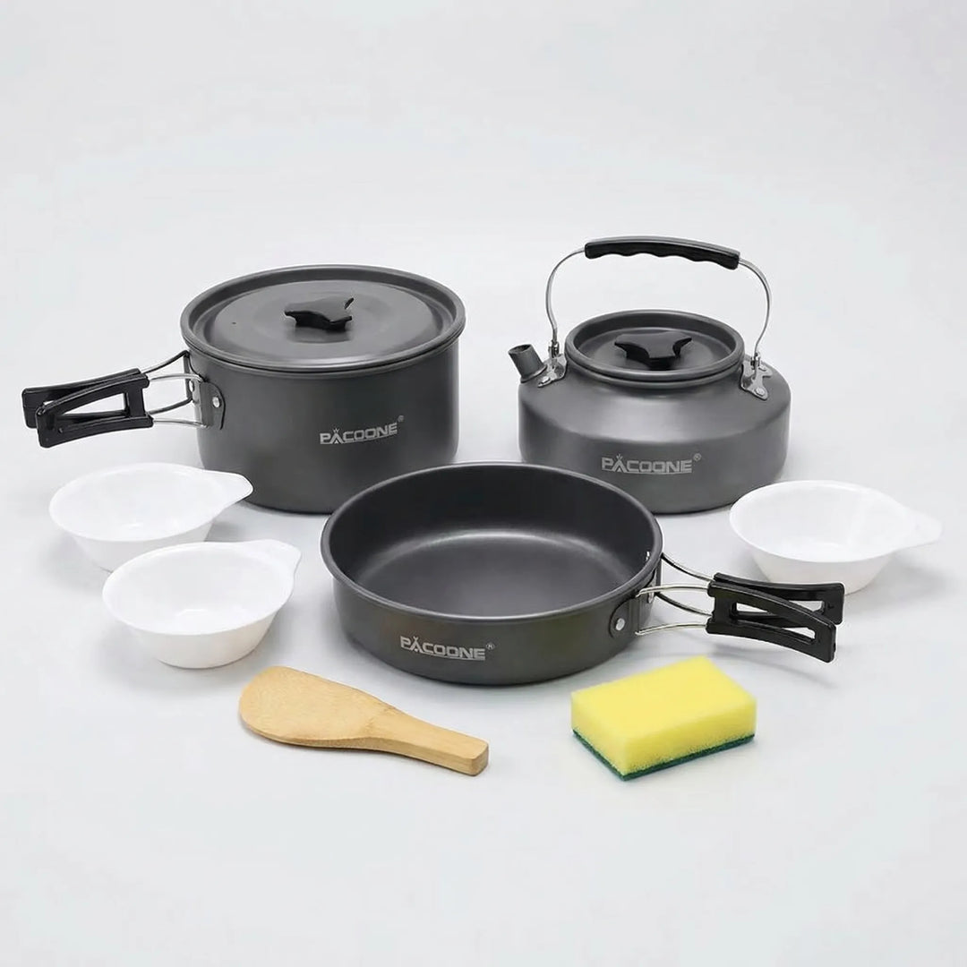 Compact non-stick camping cookware set, ideal for essential camp kitchen and travel cooking.