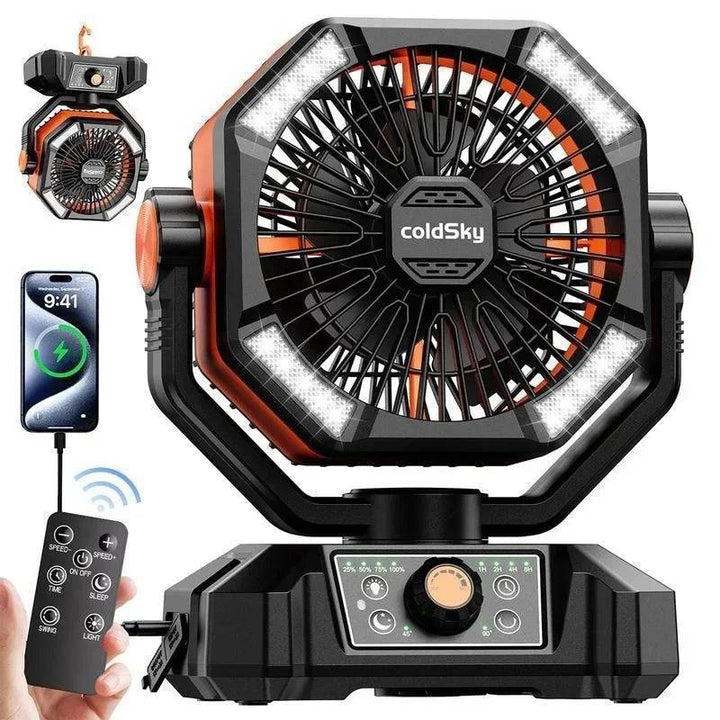 Portable camping fan with 20000mAh battery, LED lantern & orange blades, ideal for outdoor use