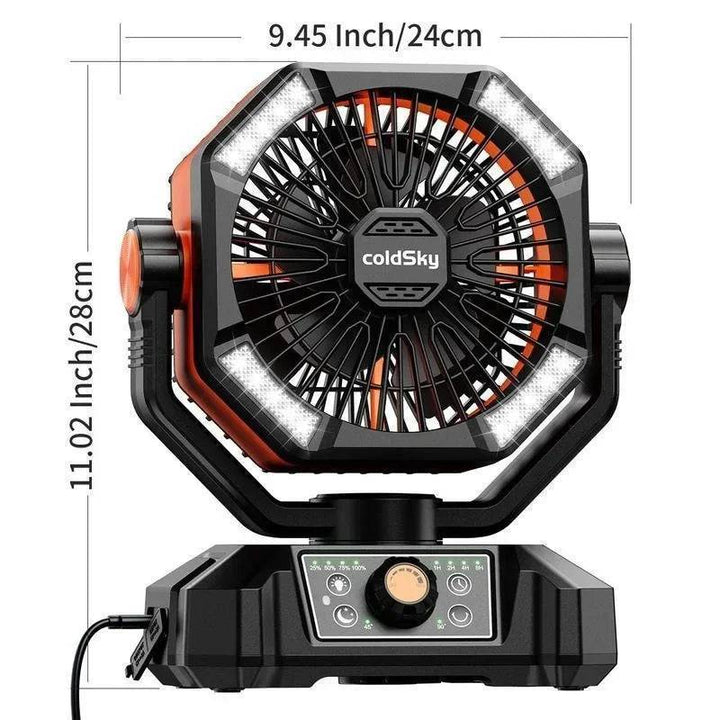 Rechargeable camping fan with built-in LED light, powerful, battery operated for tents & emergencies