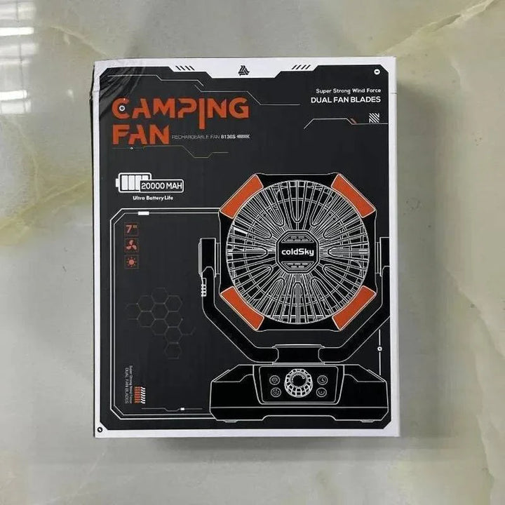 Versatile portable fan with LED lantern, 20000mAh battery for camping, emergency, and desk use