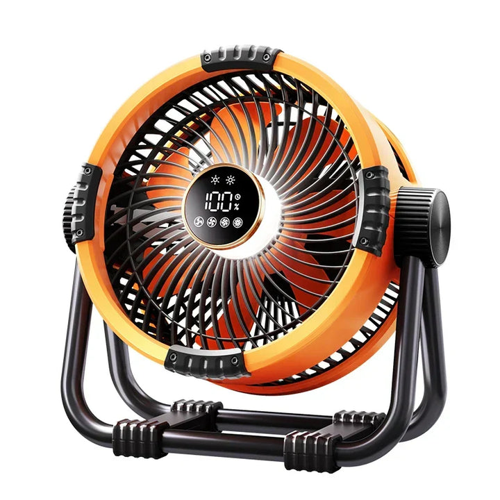 Portable camping fan with 20000mAh battery, LED light, & remote control for outdoor cooling & illumination.