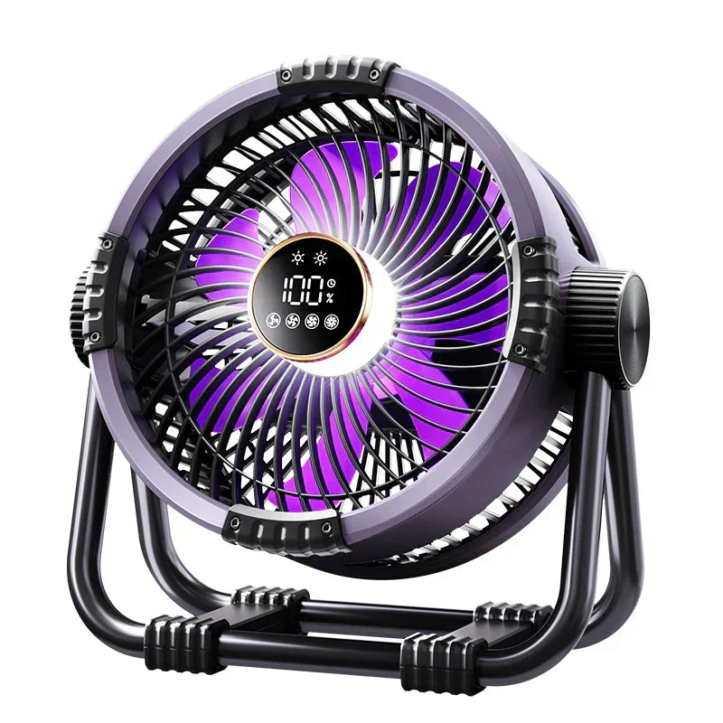 Rechargeable outdoor fan with 20000mAh power bank, great for tent camping, hiking & emergency use.