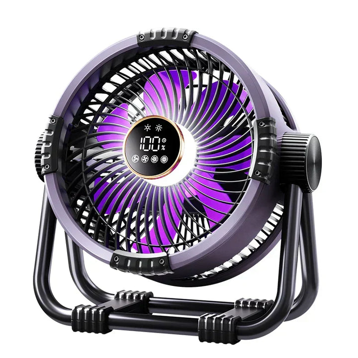 Rechargeable outdoor fan with 20000mAh power bank, great for tent camping, hiking & emergency use.