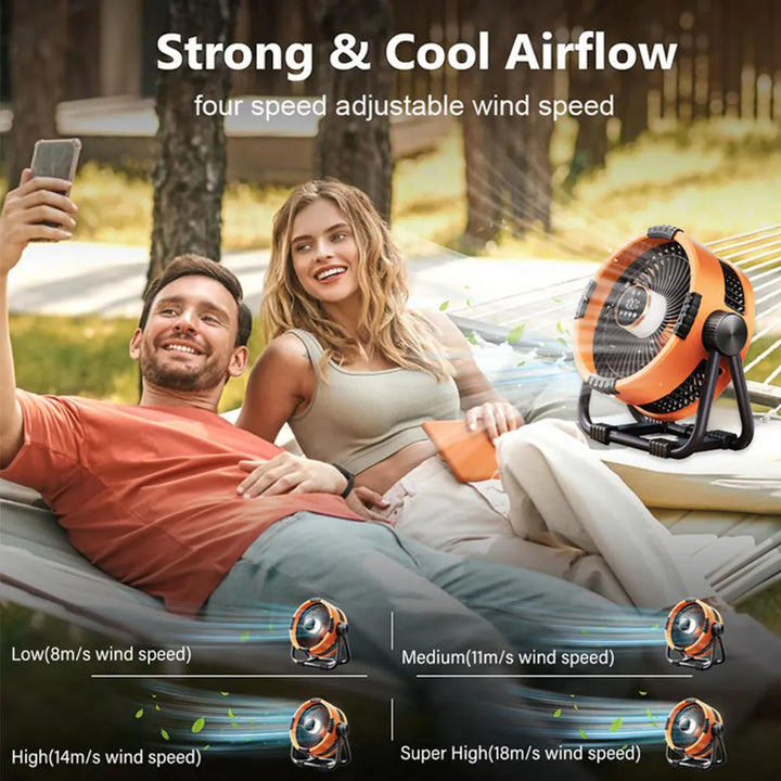 WindMate portable camping fan with LED light & remote control, providing cool air and light for any adventure.