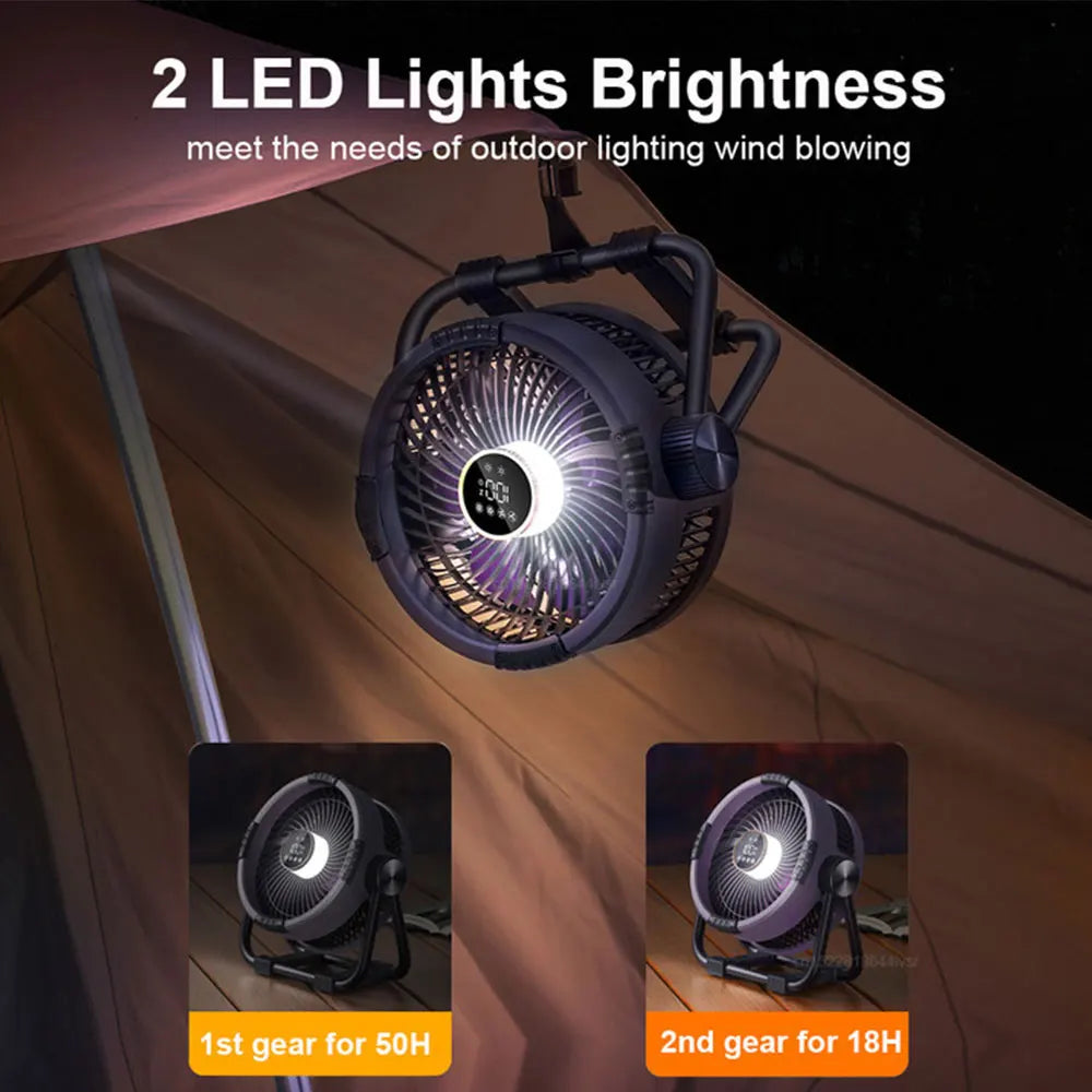 Battery powered tent fan with bright LED light, 20000mAh capacity & remote, essential camping gear.