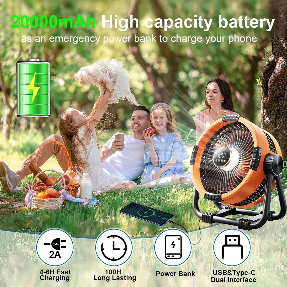Versatile travel fan with 20000mAh battery, LED light & remote control for comfortable outdoor adventures.