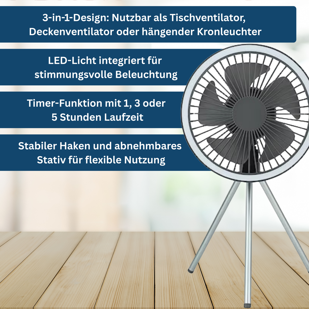 Rechargeable tent fan with LED light, compact design for easy travel and camping adventures