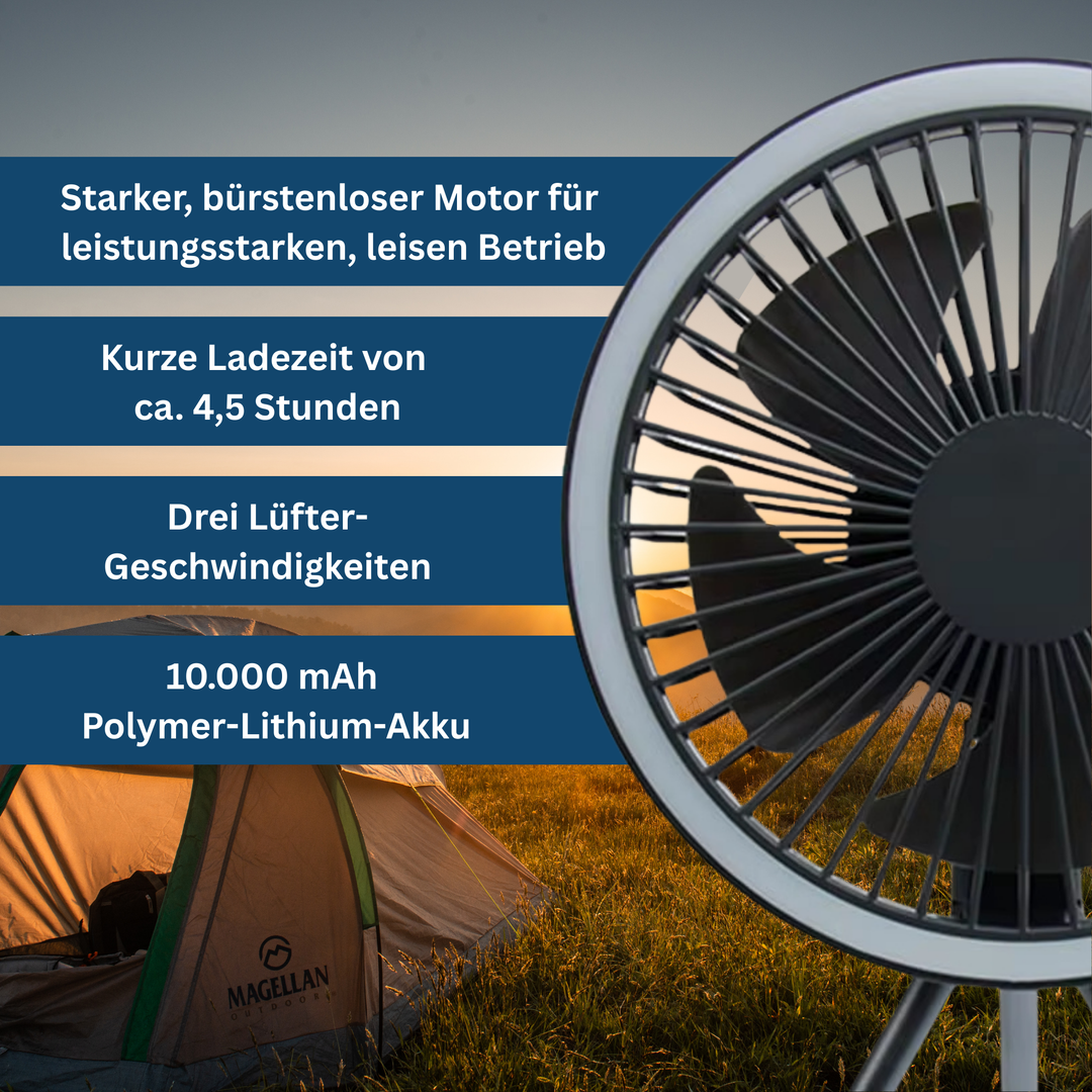 Outdoor camping fan with bright LED light, perfect for illuminating and cooling your campsite
