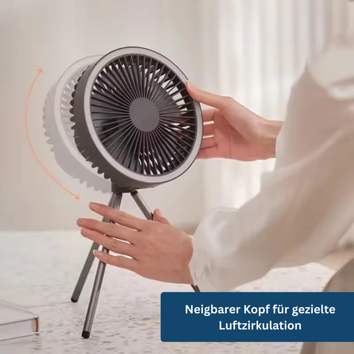 USB rechargeable camping fan with adjustable LED light settings for versatile outdoor use