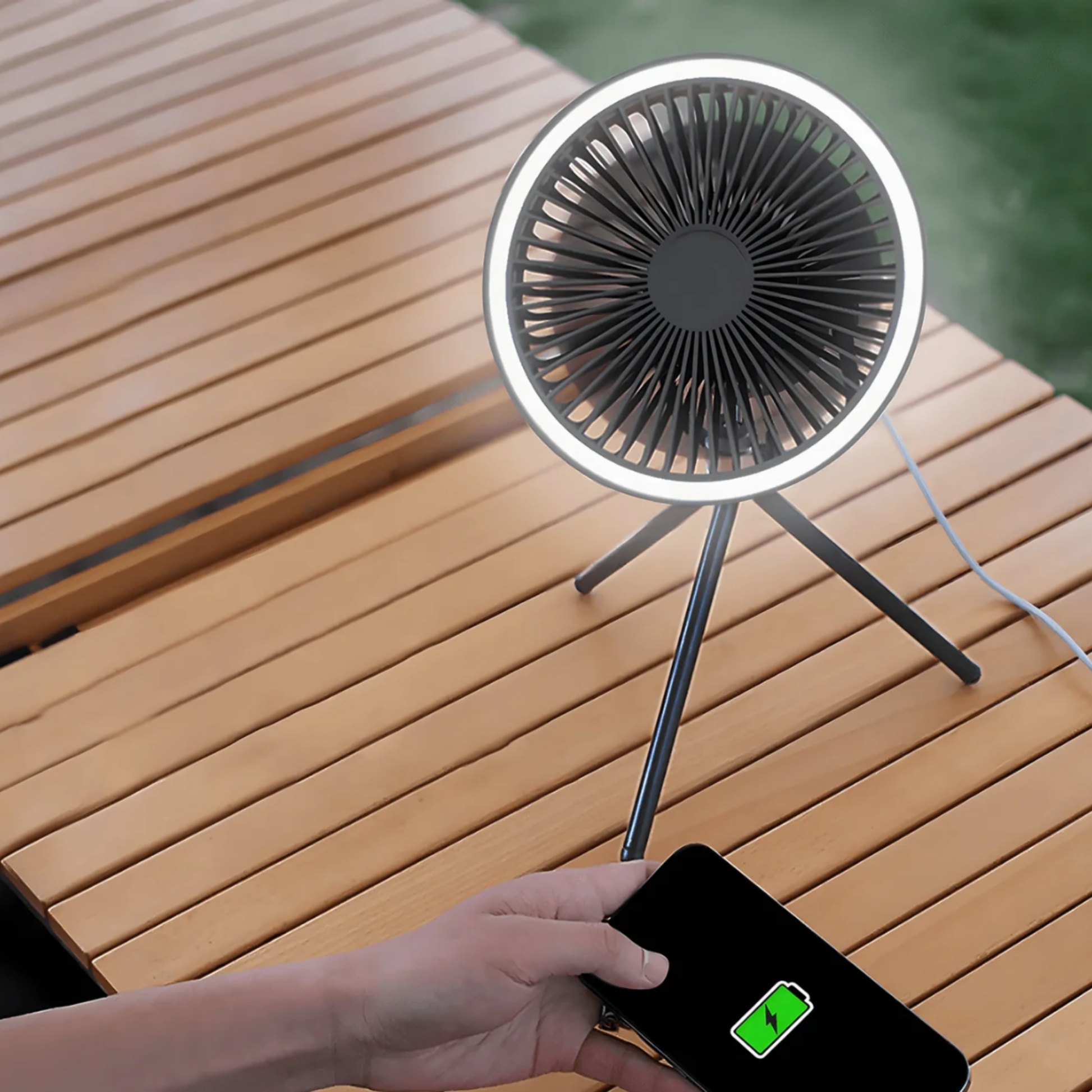 Whisper-quiet tent fan with powerful LED illumination, enhances any camping setup