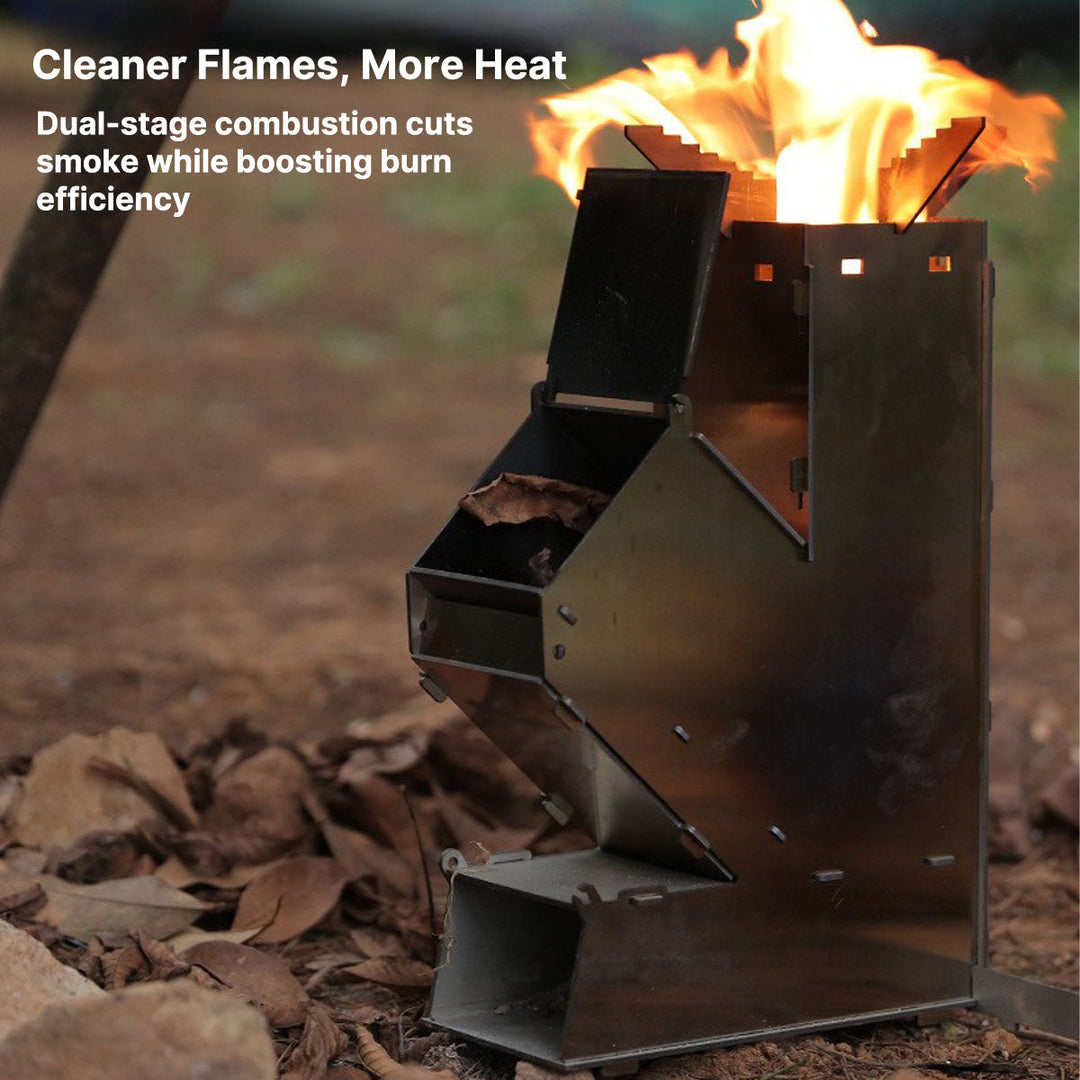 Compact rocket stove, ideal for camping & bushcraft, efficient wood burning cooking