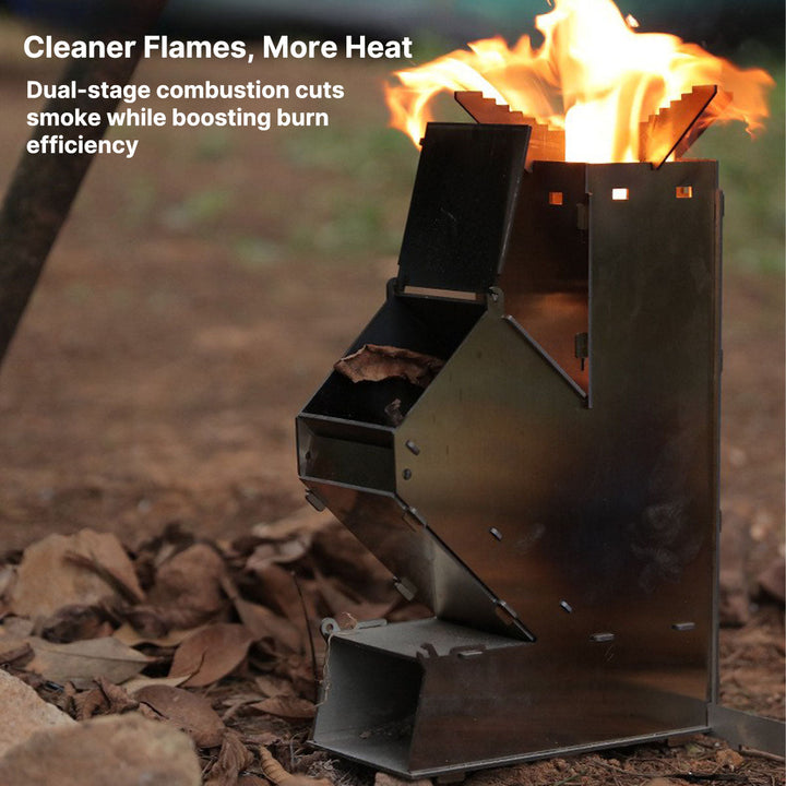 Compact rocket stove, ideal for camping & bushcraft, efficient wood burning cooking