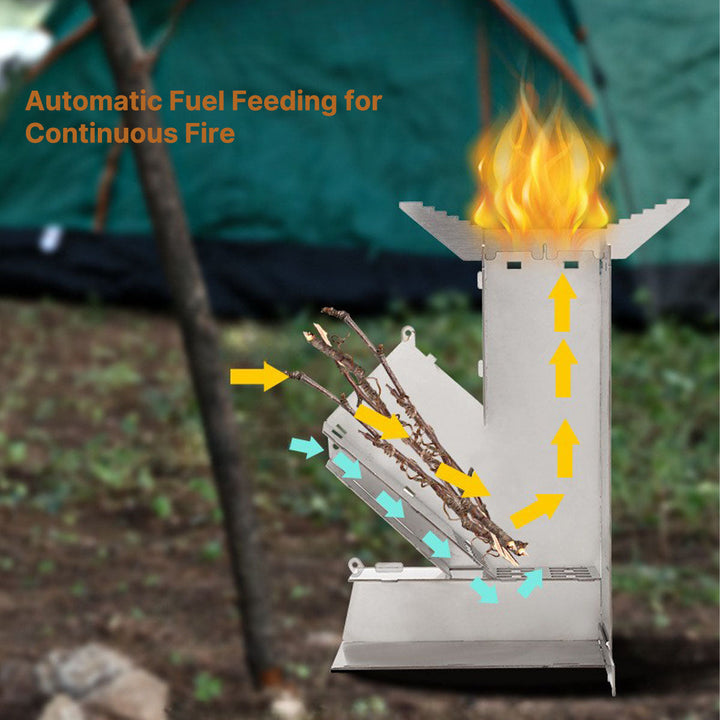 Outdoor cooking rocket stove, portable design for camping, survival & hiking gear