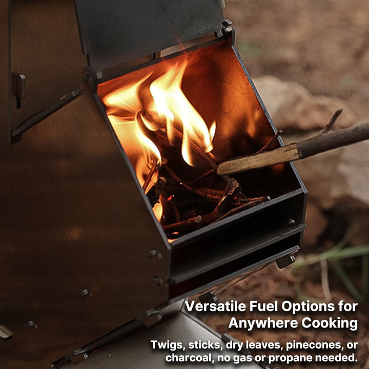 High efficiency wood burning rocket stove for camp kitchen, adventure cooking